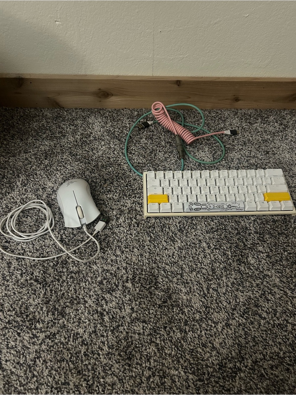 Razer White Keyboard and Mouse with Yellow Accent Keys and Pink Coiled Cable